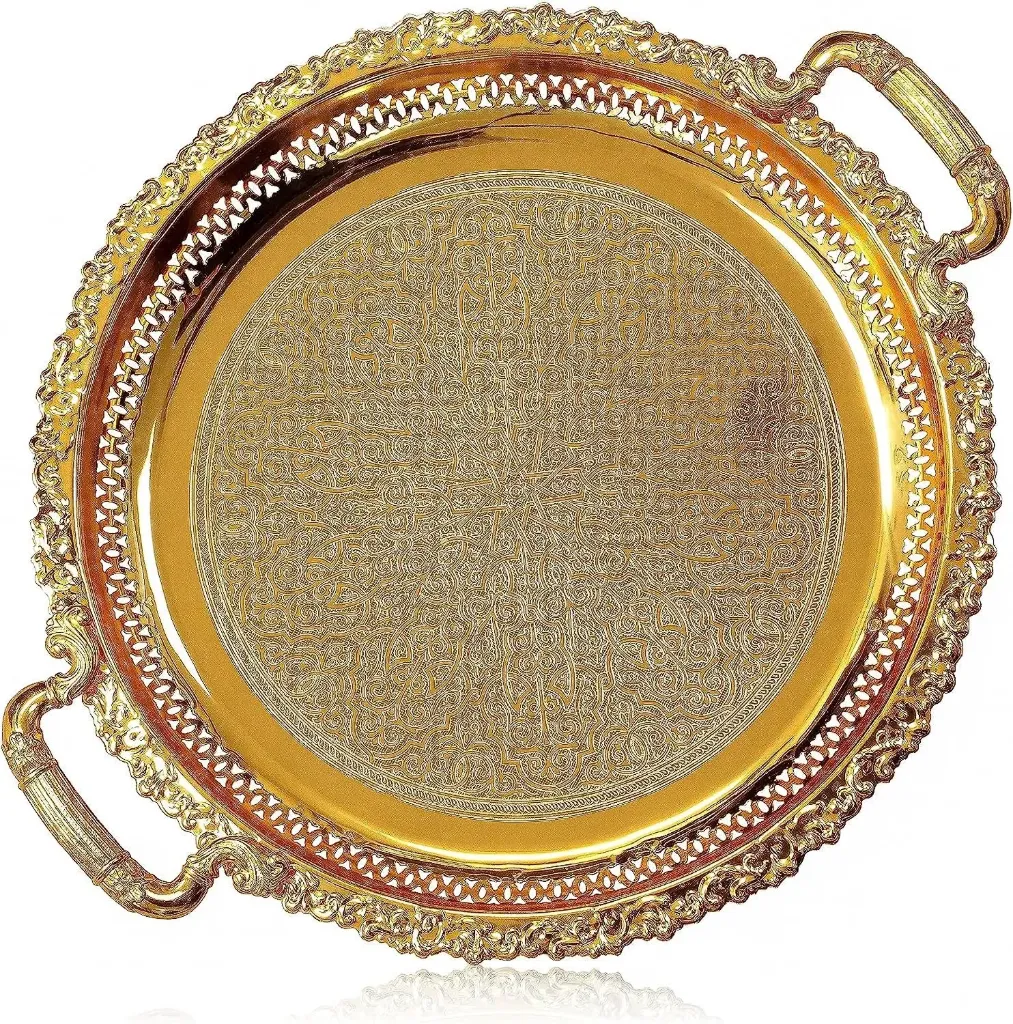 Tray round with handle 45 cm gold