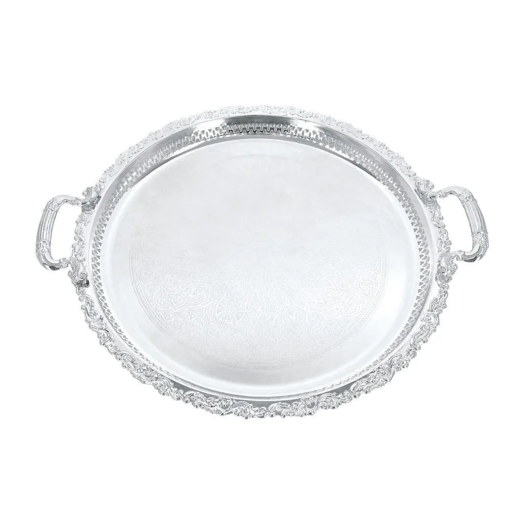 Tray round with handle 55 cm silver